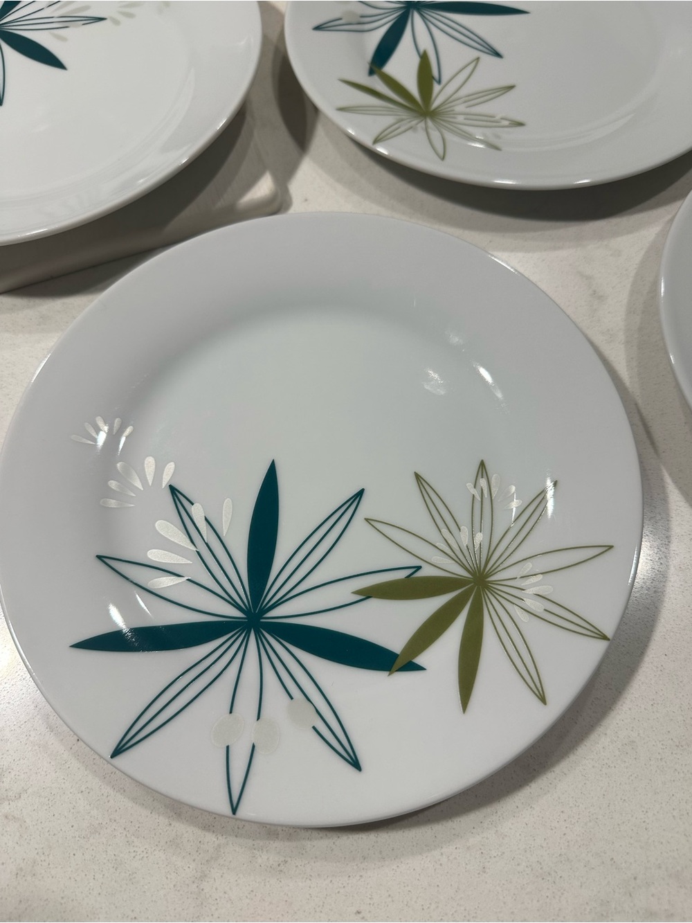 Pier 1 Dessert or Salad Plates White Teal Olive Mid-Century Modern Design (6) - Picture 3 of 9